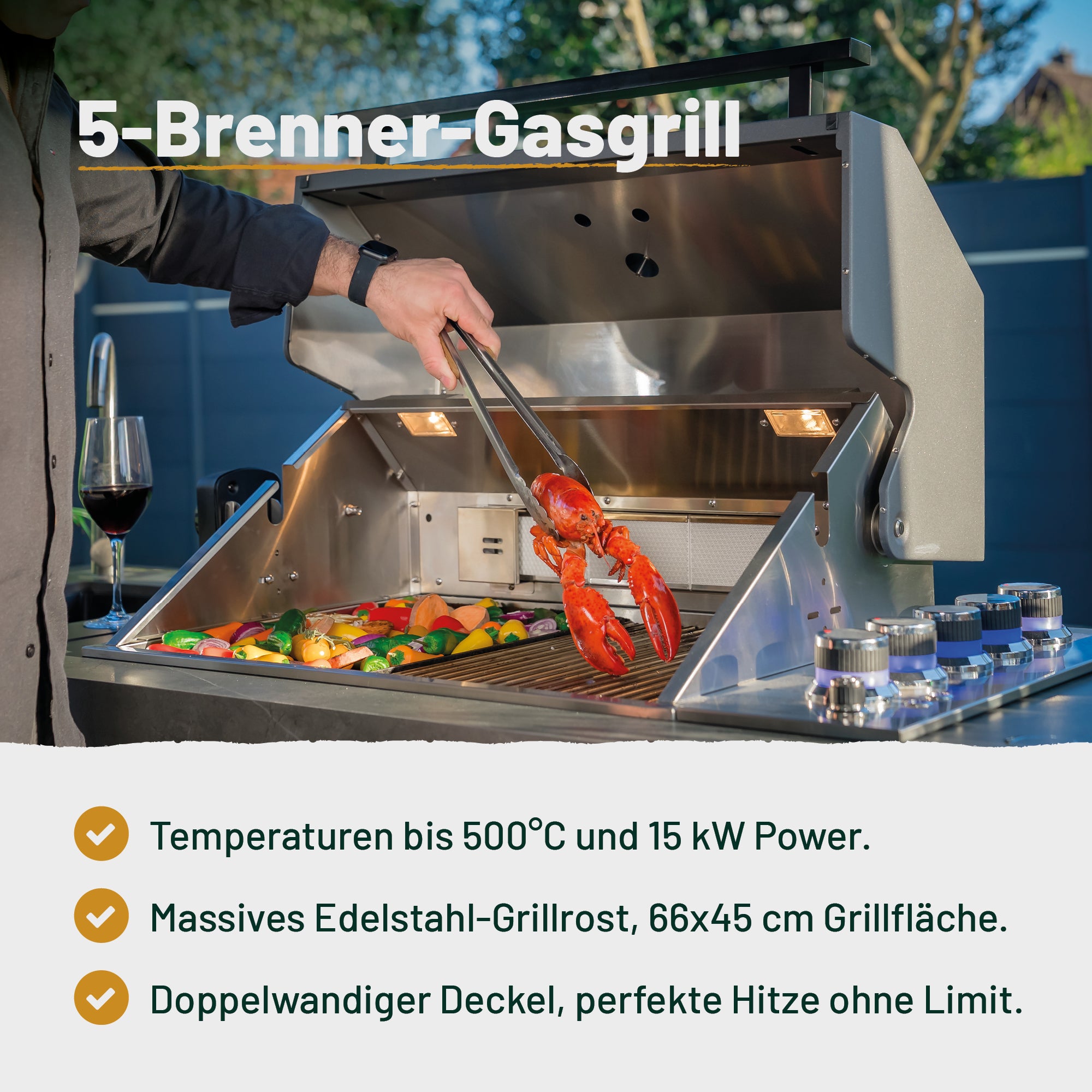Outdoorküche KING 5-Brenner Gasgrill mit Kühlschrank und Waschbecken