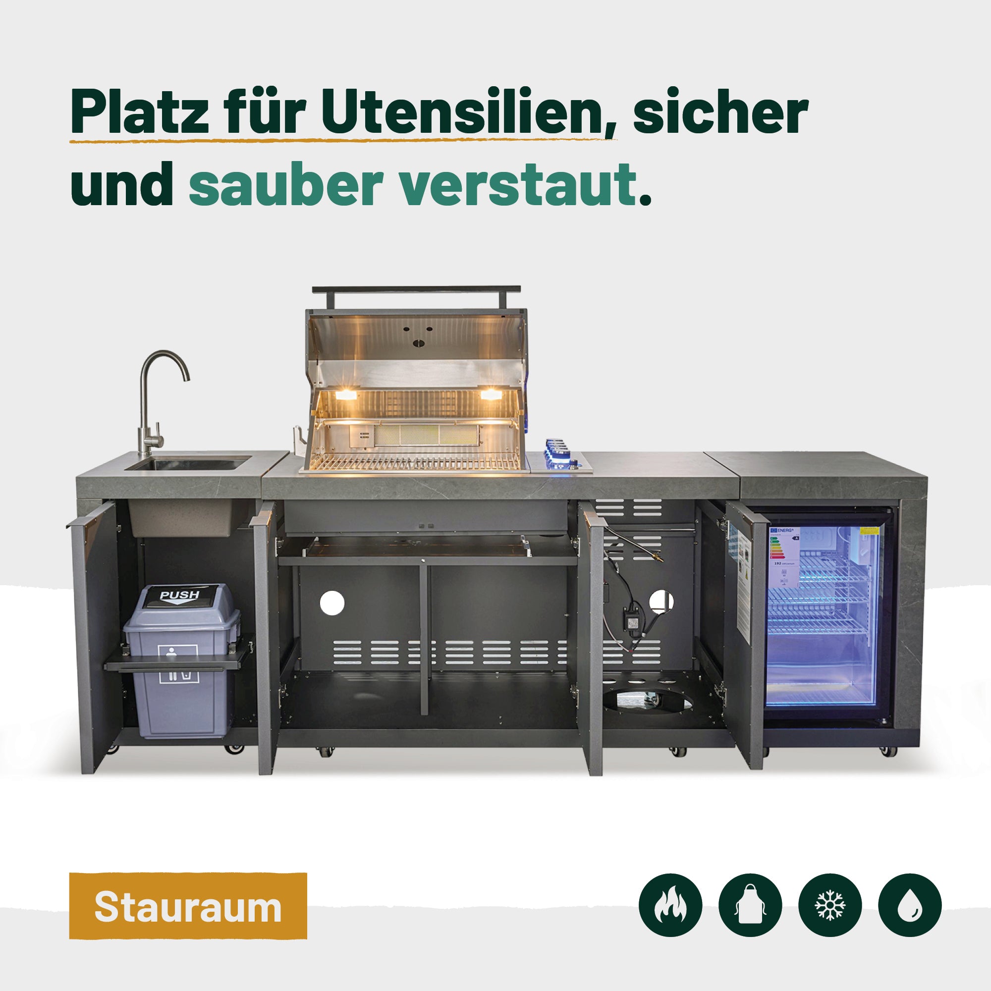Outdoorküche KING 5-Brenner Gasgrill mit Kühlschrank und Waschbecken